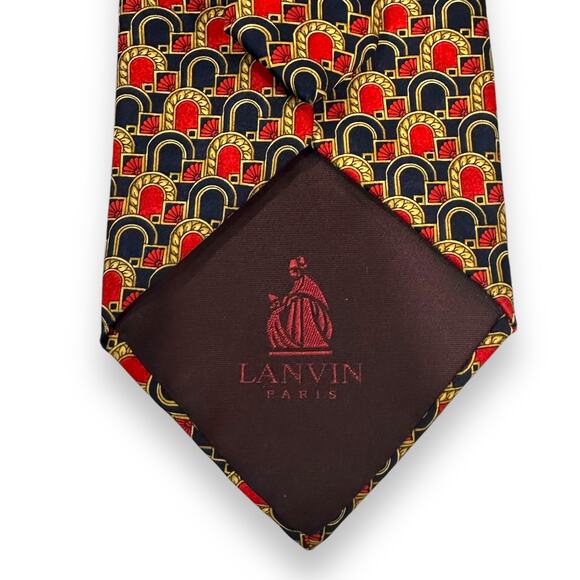 LANVIN Paris Neck Tie Vtg 100% Silk Made in France Geometric Navy Blue Red Gold - Picture 3 of 9